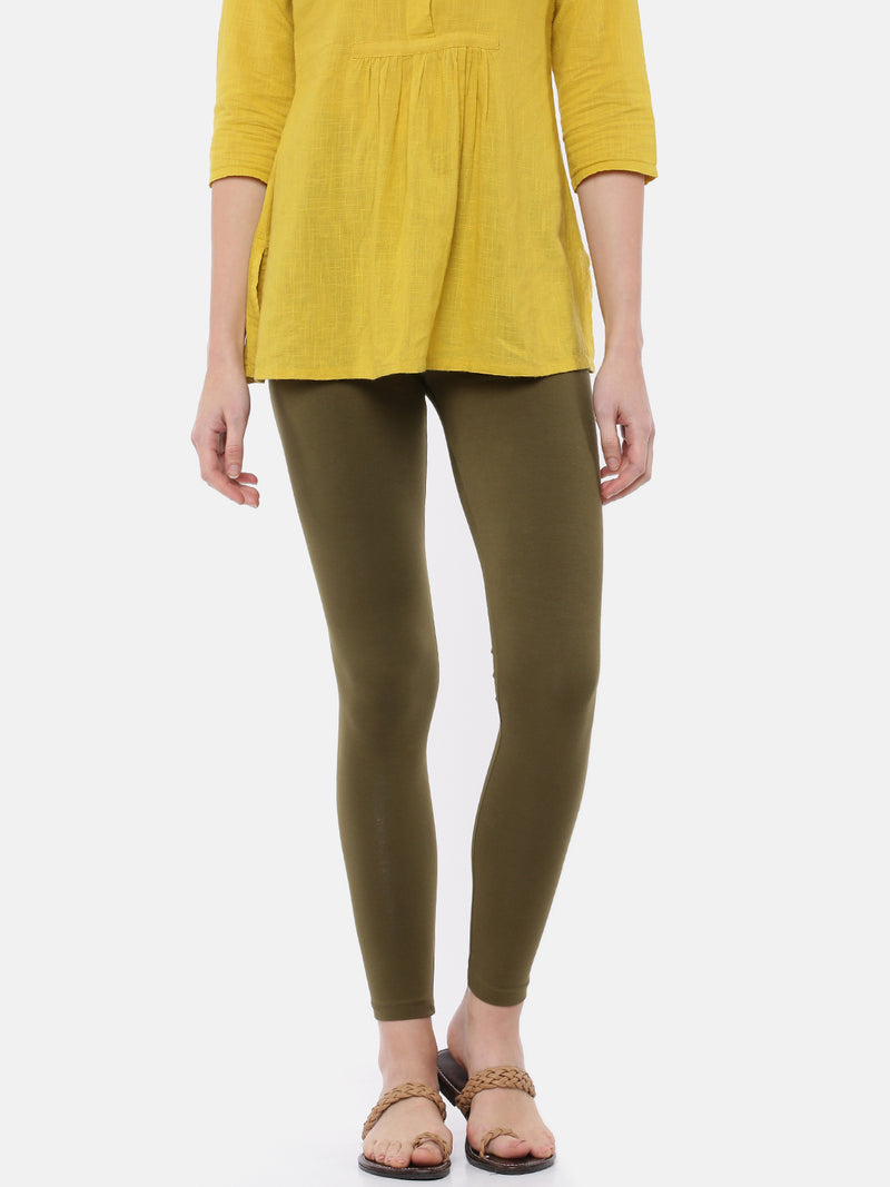 De Moza Ladies Ankle Length Leggings Solid Cotton Olive Green - De Moza