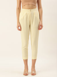 De Moza Women Casual Pant Solid Polyester Butter Yellow - De Moza