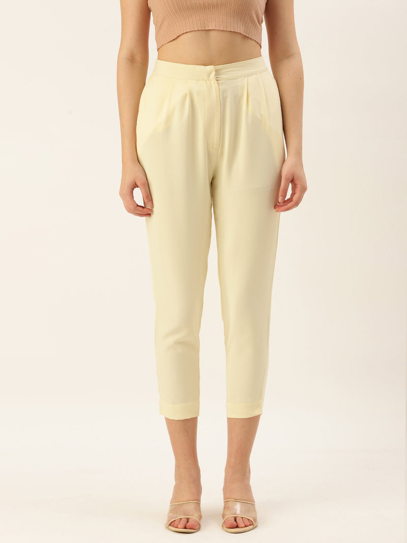 De Moza Women Casual Pant Solid Polyester Butter Yellow - De Moza