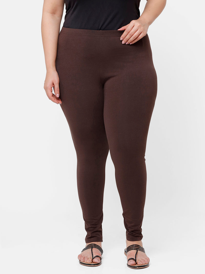 De Moza Ladies Plus Ankle Length Leggings Solid Cotton Brown - De Moza
