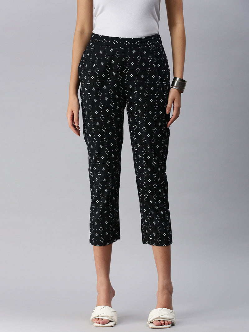 De Moza Ladies Printed Straight Pant Black
