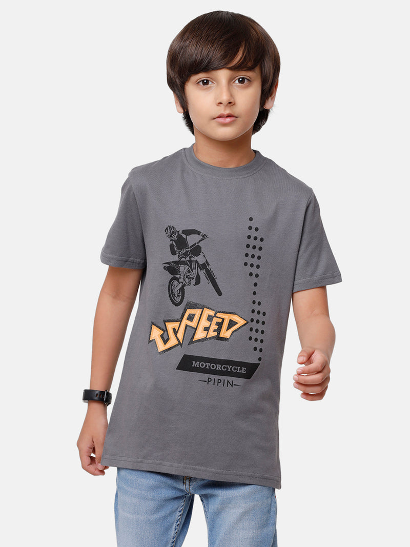 Kids - Boys Printed Half Sleeve T-Shirt Steel Grey