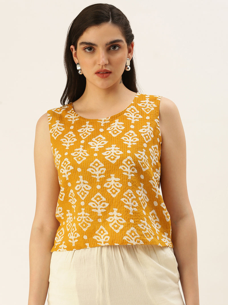 De Moza Women Printed Top Cotton Mustard - De Moza