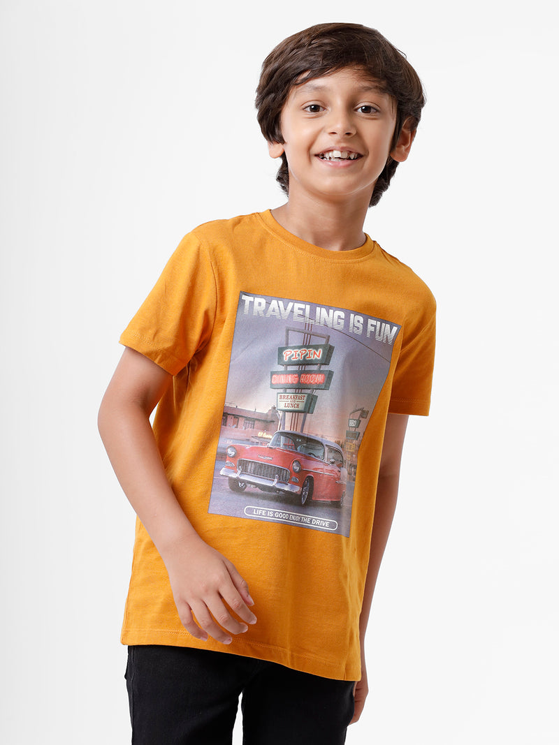 Kids - Boys Printed Half Sleeve T-Shirt Mustard