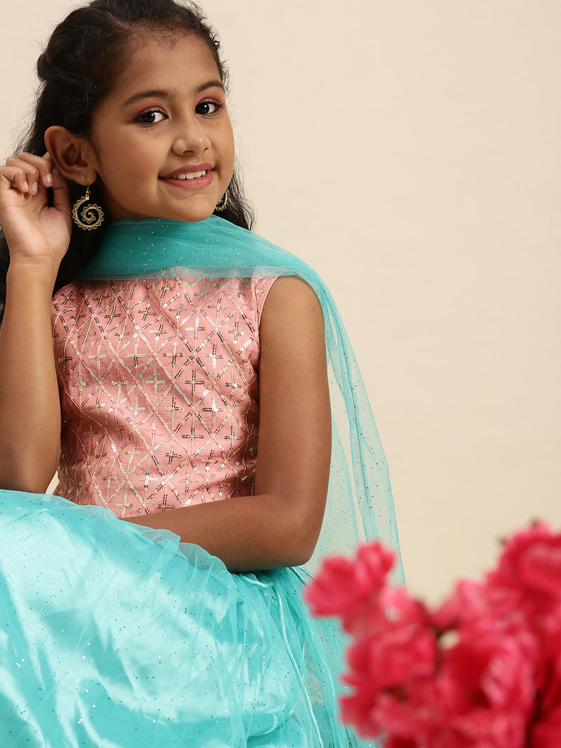 Pipin Girls Printed Lehanga Set Aqua Pink