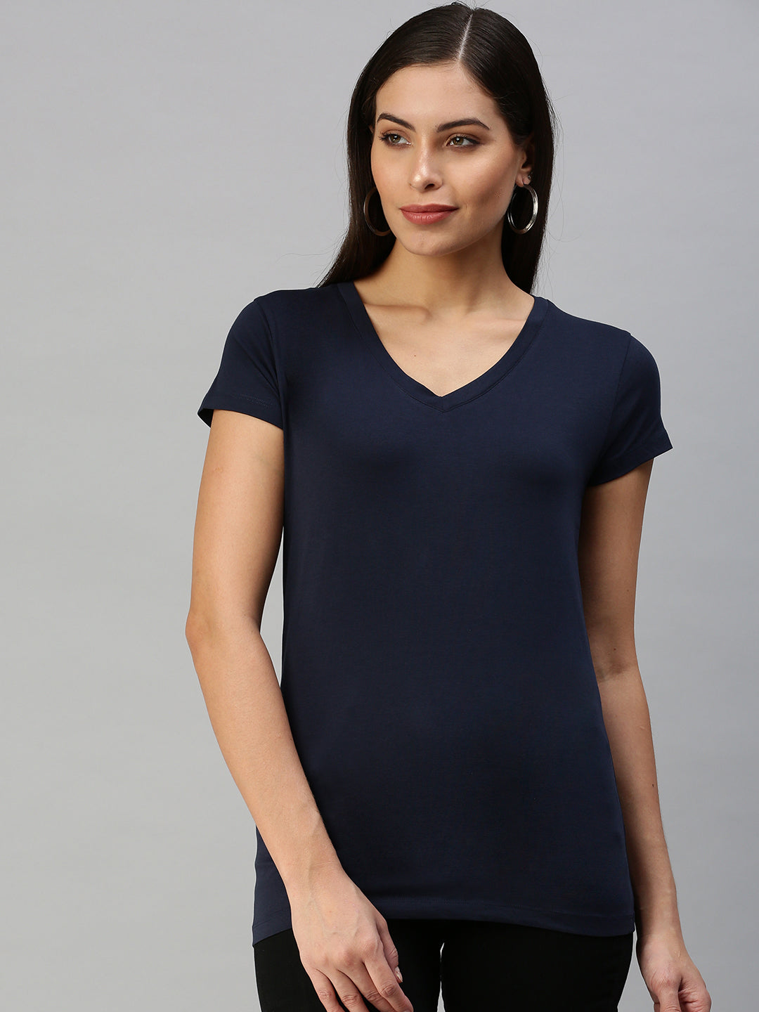 De Moza Womens Half Sleeve Knit Top Solid Cotton Dark Navy Blue - De Moza