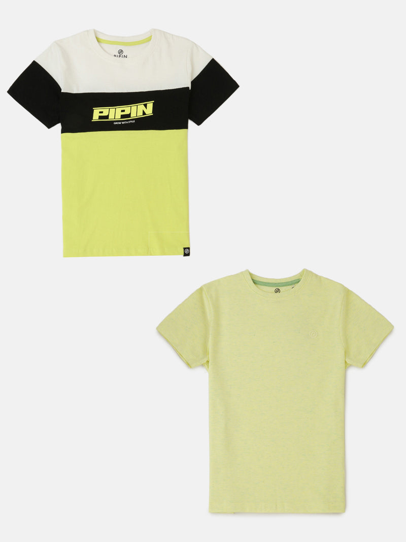 Pack of 2 Pipin Boys Printed T-shirts Neon Yellow Melange & Offwhite