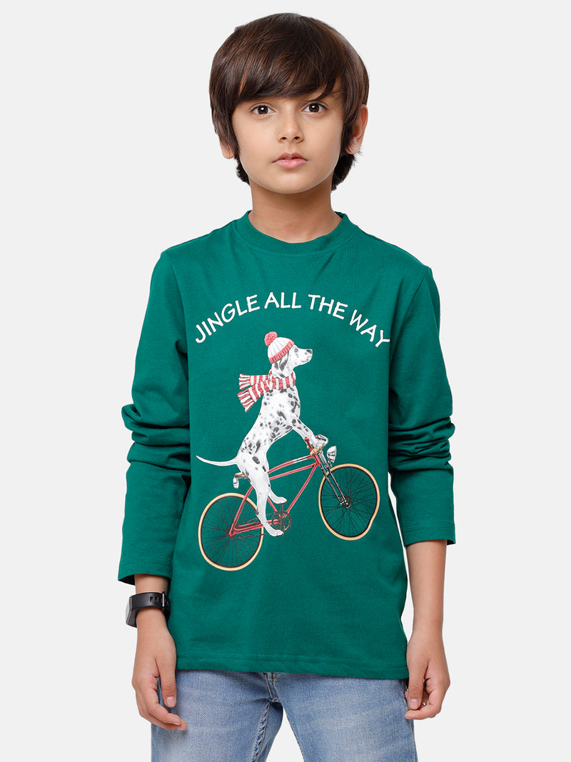Kids - Boys Printed Full Sleeve T-Shirt Bottle green