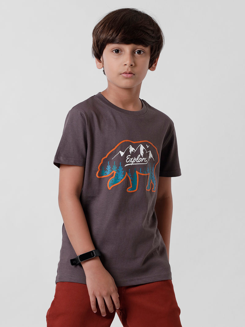Kids - Boys Printed Half Sleeve T-Shirt Dark Grey