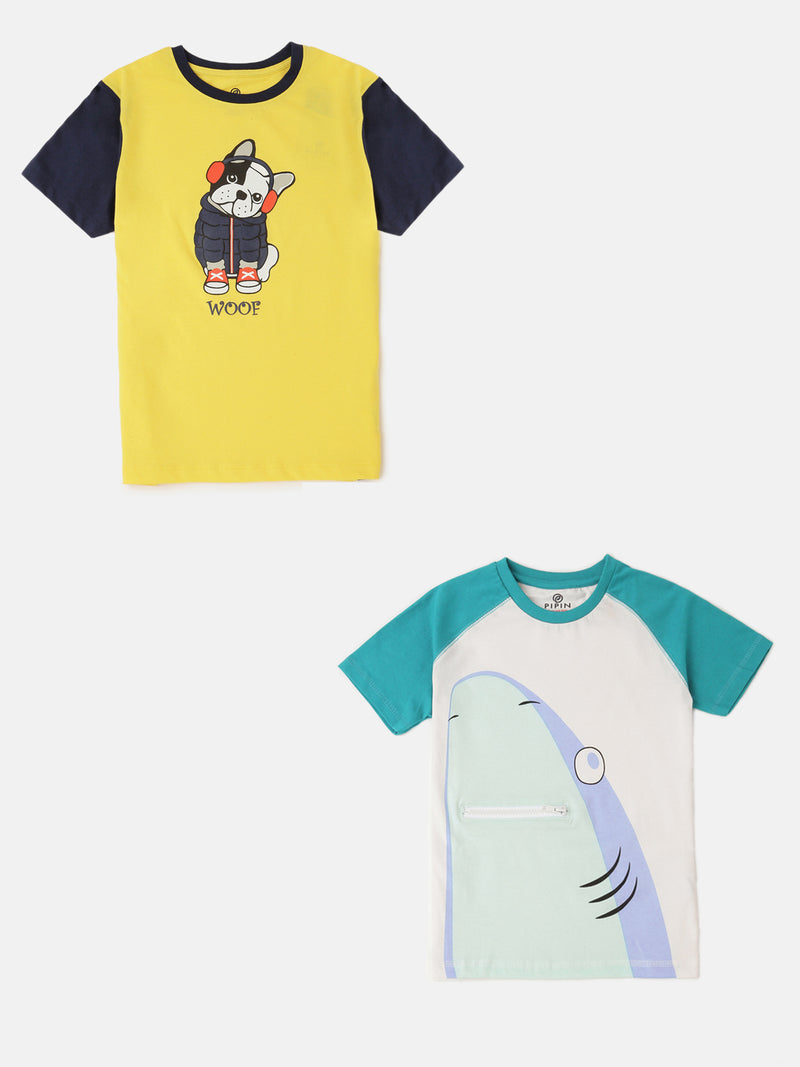 Pack of 2 Pipin Boys Printed T-shirts Teal Green & Yellow