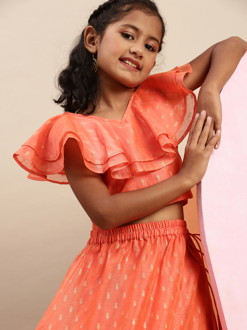 Pipin Girls Printed Lehanga Set Dark Coral