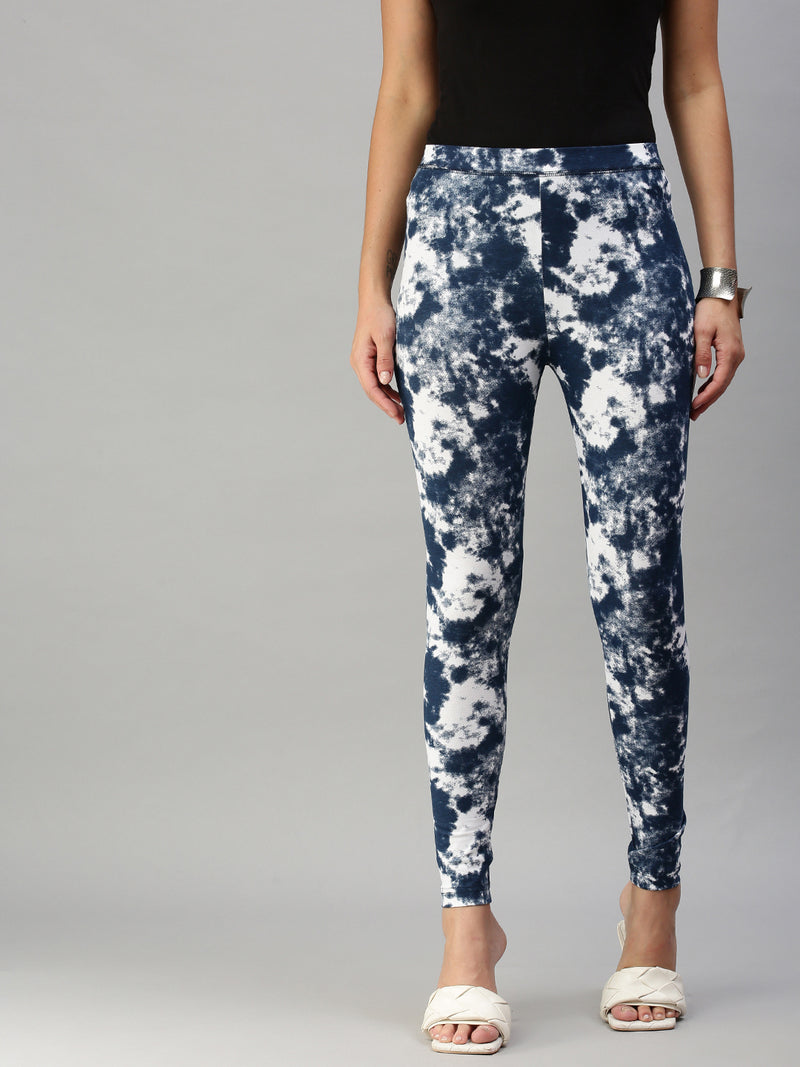 Ladies Printed Active wear Leggings Dark Indigo Blue