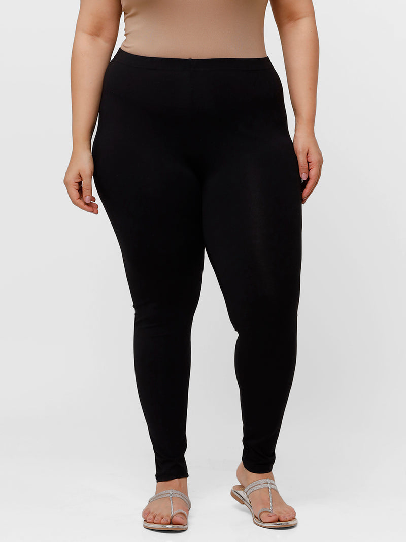 De Moza Ladies Plus Ankle Length Leggings Solid Cotton Black - De Moza