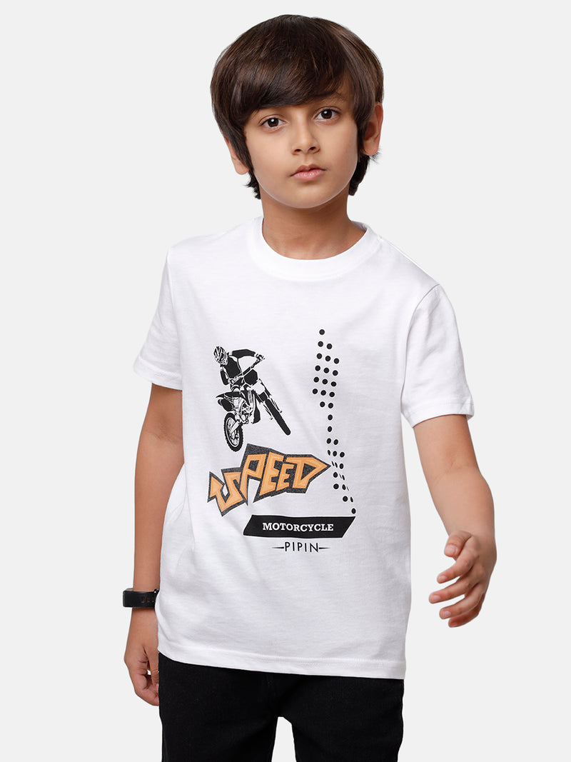 Kids - Boys Printed Half Sleeve T-Shirt White