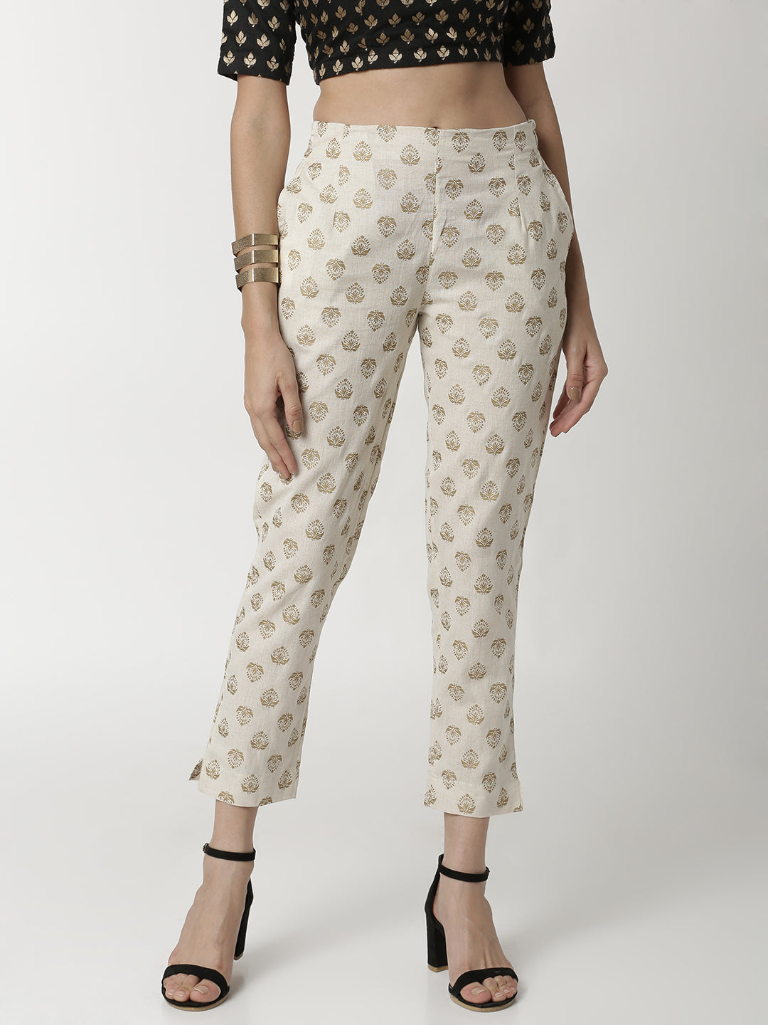 De Moza Ladies Printed Offwhite Cigarette Pant - De Moza (4336549920831)