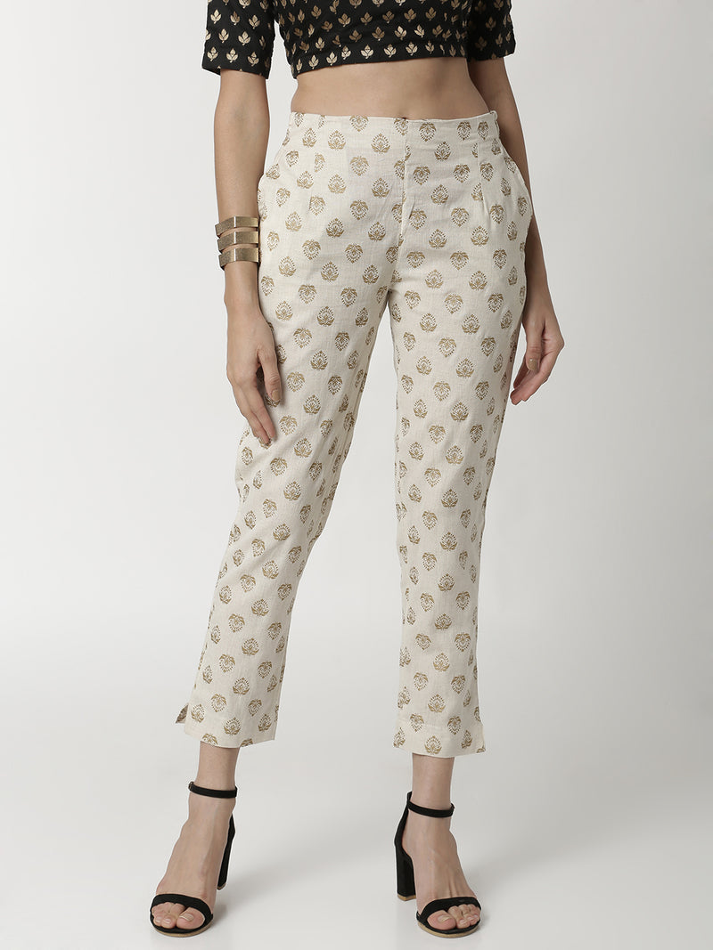 De Moza Ladies Printed Offwhite Cigarette Pant - De Moza (4336549920831)