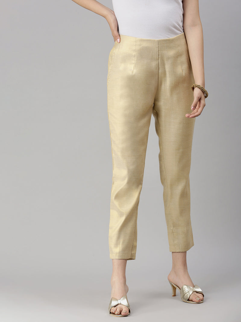 De Moza Womens Cigarette Pant Solid Polyester Gold - De Moza