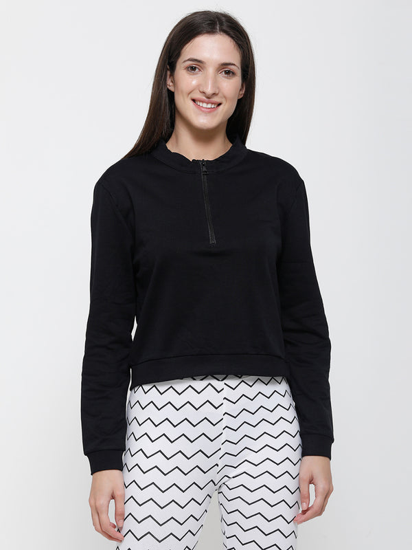 De Moza Ladies Full Sleeve Sweat Shirt Solid Cotton Black - De Moza