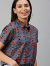 De Moza Women's Printed Half Sleeve Shirt Blue