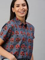De Moza Women's Printed Half Sleeve Shirt Blue