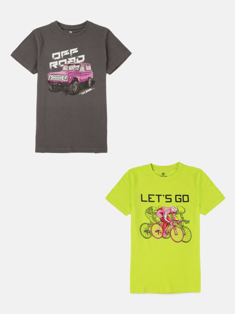 Pack of 2 Pipin Boys Printed T-shirts Lime & Steel Grey
