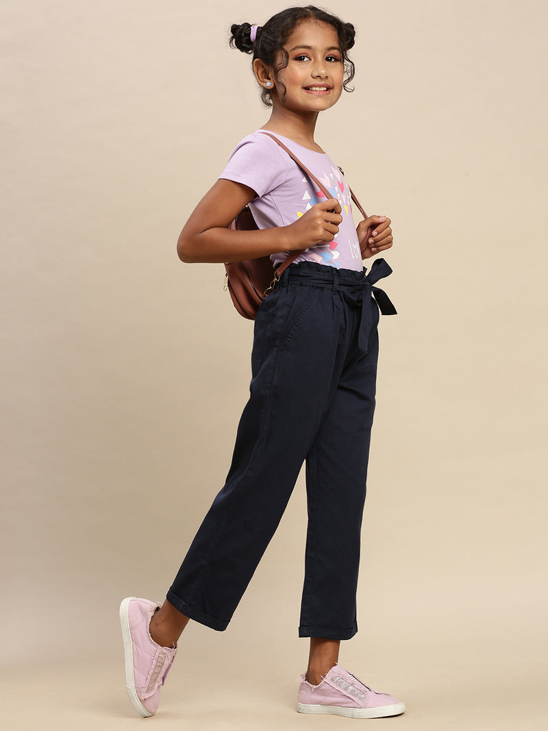 PIPIN Girls Paper Bag Pant Solid Cotton Navy Blue - De Moza