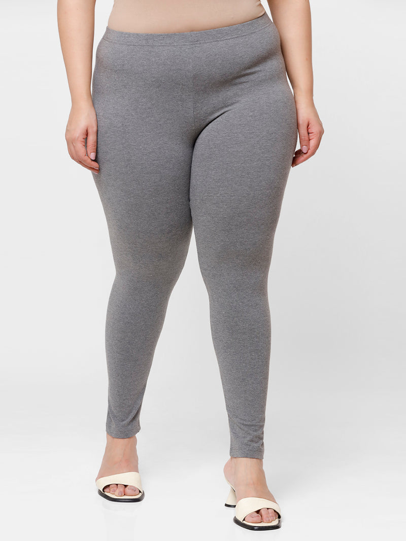 De Moza Ladies Plus Ankle Length Leggings Solid Cotton Anthra Melange - De Moza