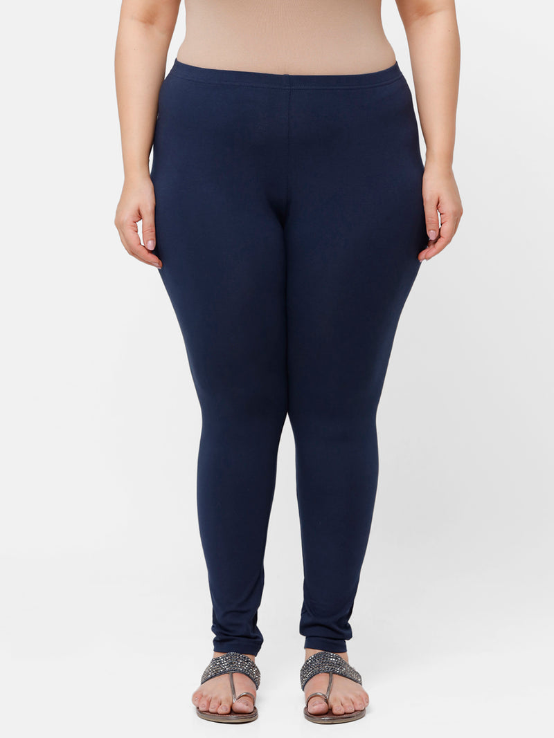 De Moza Ladies Plus Ankle Length Leggings Solid Cotton Dark Navy Blue - De Moza