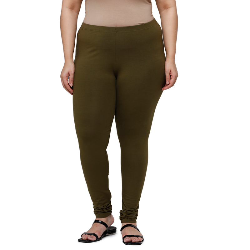 De Moza Women Plus Size Churidar Leggings Solid Cotton Olive Green