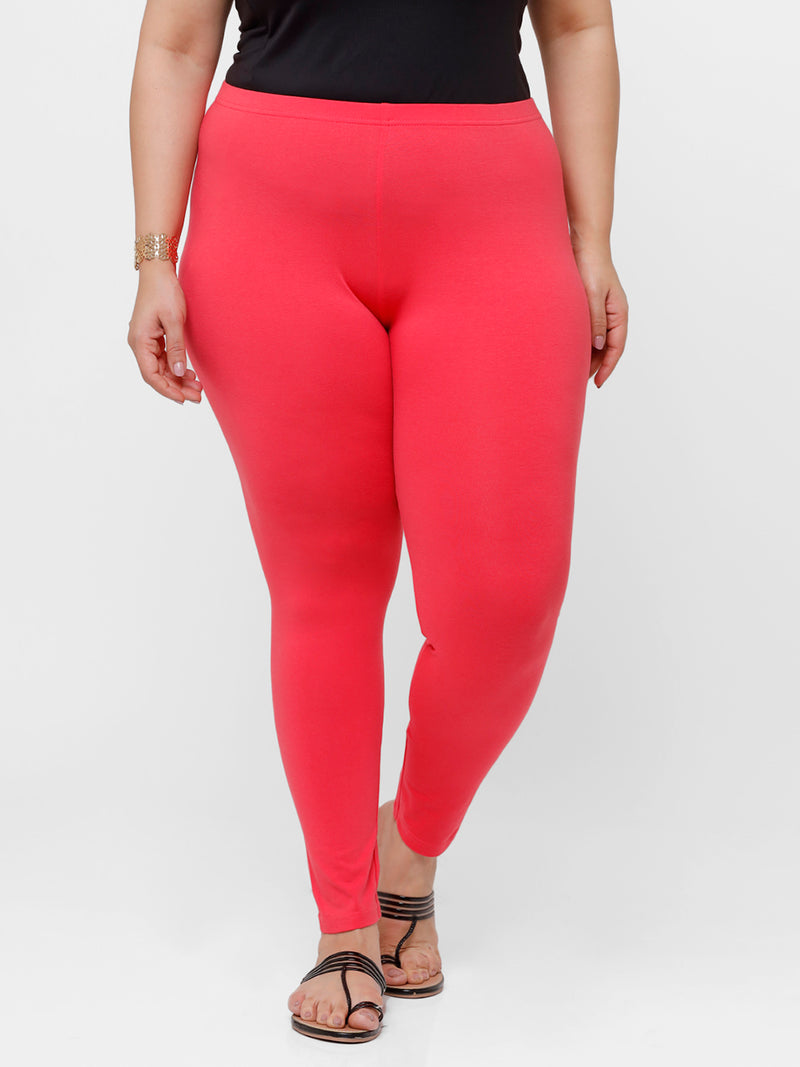 De Moza Ladies Plus Ankle Length Leggings Solid Cotton Coral - De Moza