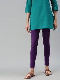 De Moza Ladies Ankle Length Leggings Solid Cotton Purple - De Moza