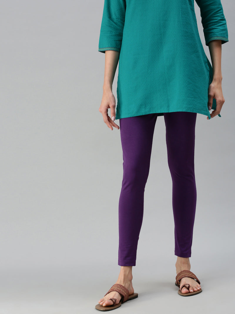 De Moza Ladies Ankle Length Leggings Solid Cotton Purple - De Moza