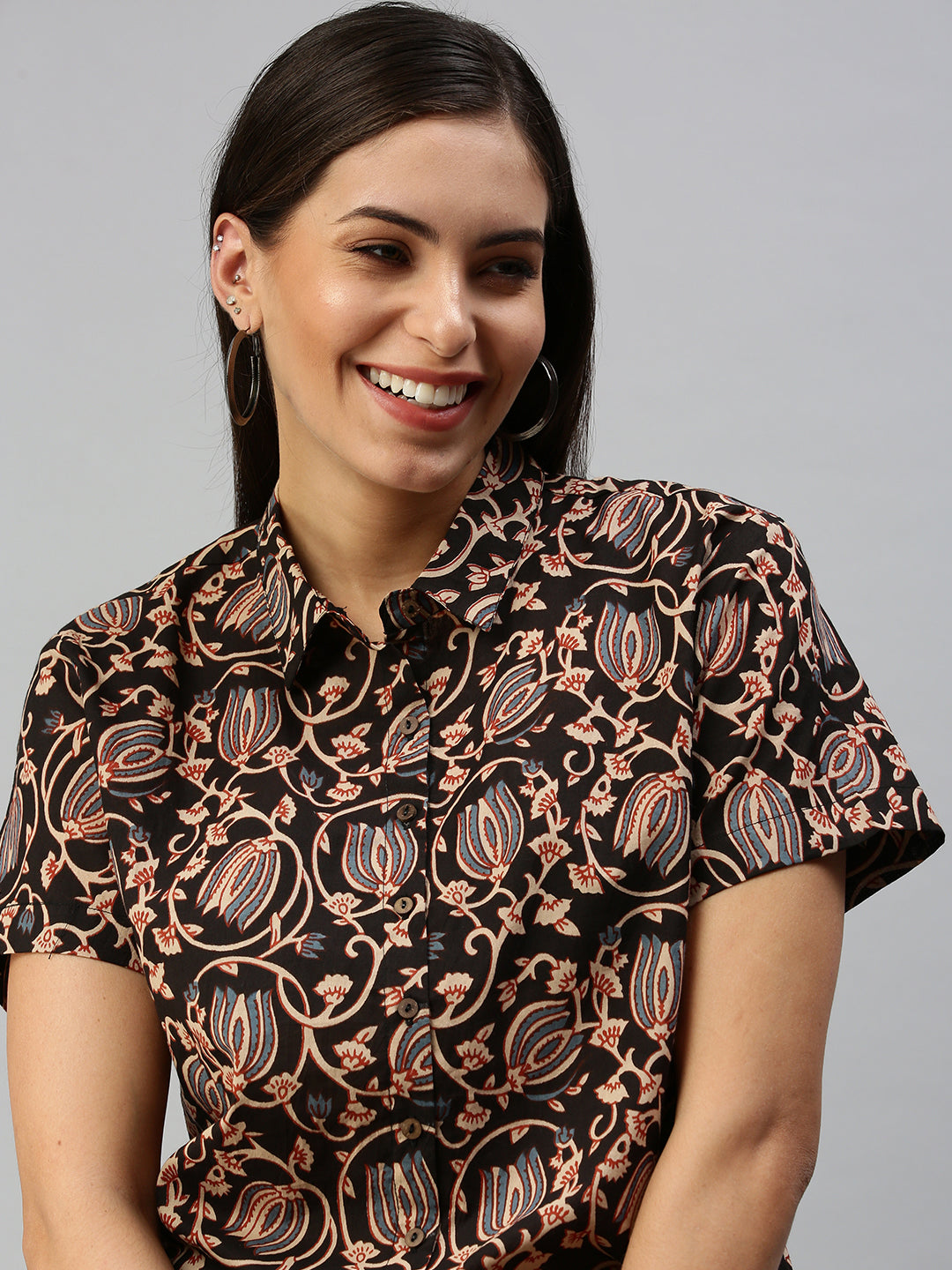 De Moza Women's Printed Half Sleeve Shirt Brown