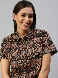 De Moza Women's Printed Half Sleeve Shirt Brown