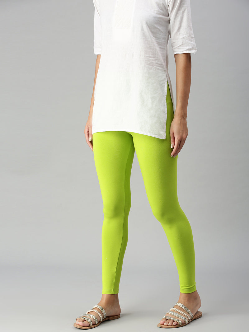De Moza Women's Premium Ankle Length Leggings Solid Cotton Lime - De Moza