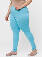 De Moza Ladies Plus Ankle Length Leggings Solid Cotton Sky Blue - De Moza