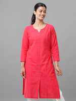 De Moza Womens 3/4Th Sleeve Kurta Solid Cotton Pink - De Moza