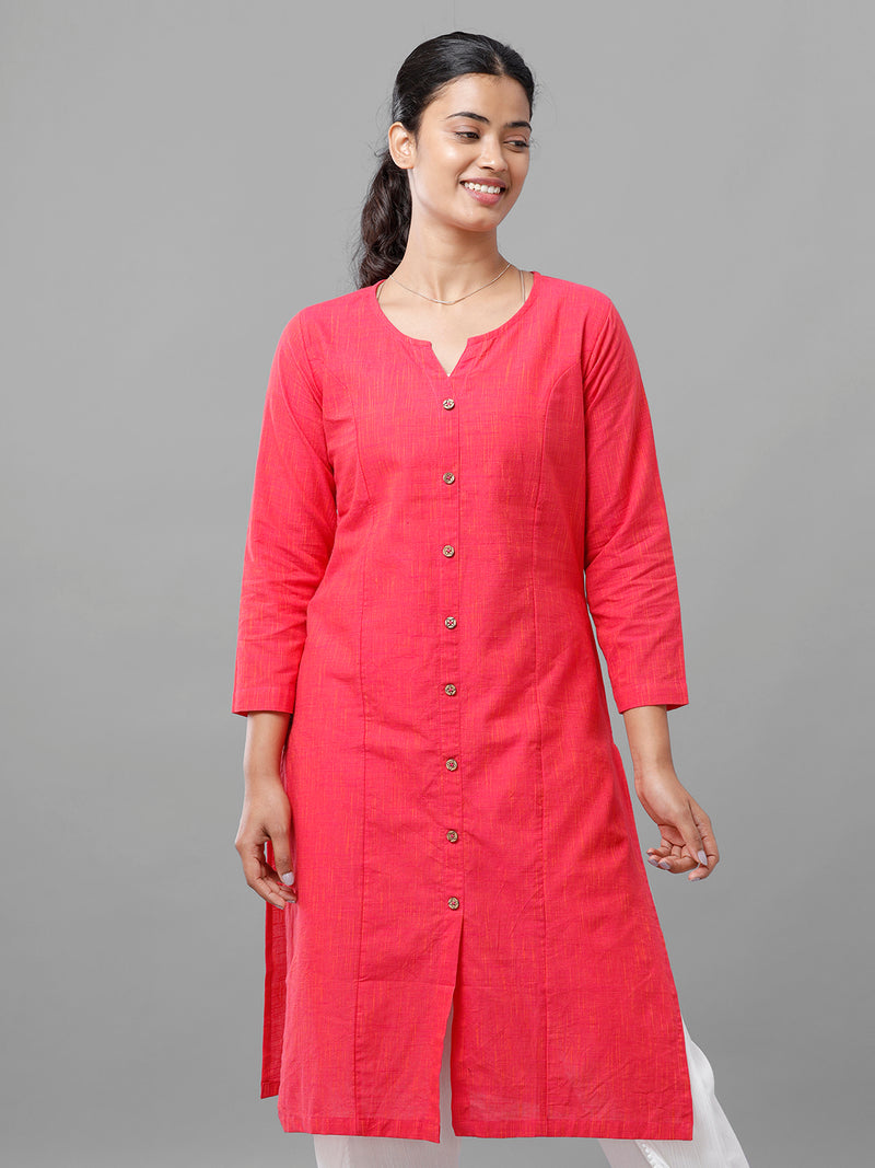 De Moza Womens 3/4Th Sleeve Kurta Solid Cotton Pink - De Moza