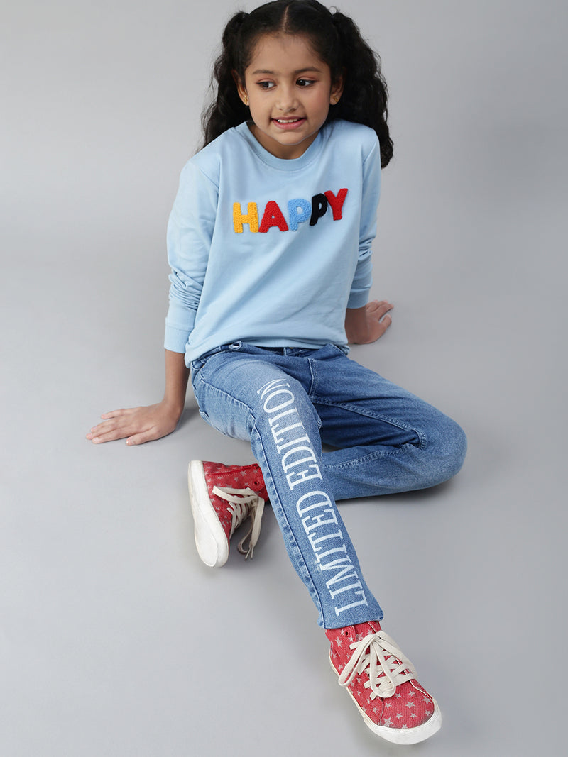 PIPIN Girls Full Sleeve Sweat Shirt Placement Print Cotton Light Blue - De Moza