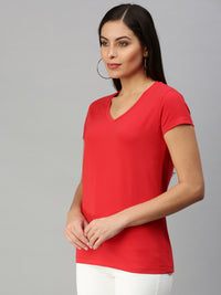 De Moza Womens Half Sleeve Knit Top Solid Cotton Red - De Moza