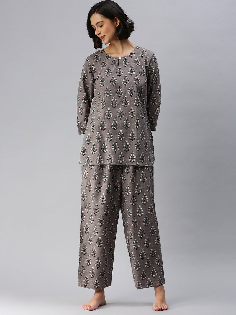 De Moza Womens Pyjama Set Woven Set Printed Cotton Grey - De Moza