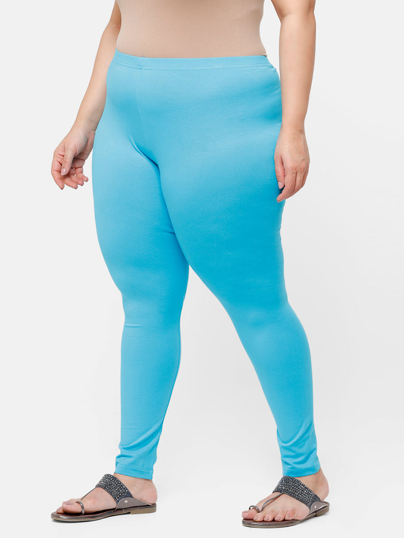 De Moza Ladies Plus Ankle Length Leggings Solid Cotton Peacock Blue - De Moza
