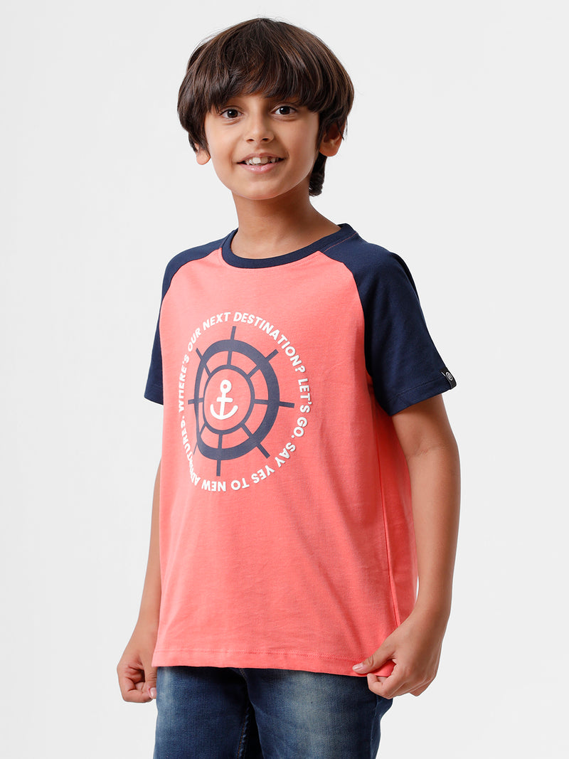 Kids - Boys Printed Half Sleeve T-Shirt Peach