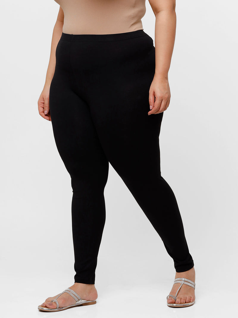 De Moza Ladies Plus Ankle Length Leggings Solid Cotton Black - De Moza
