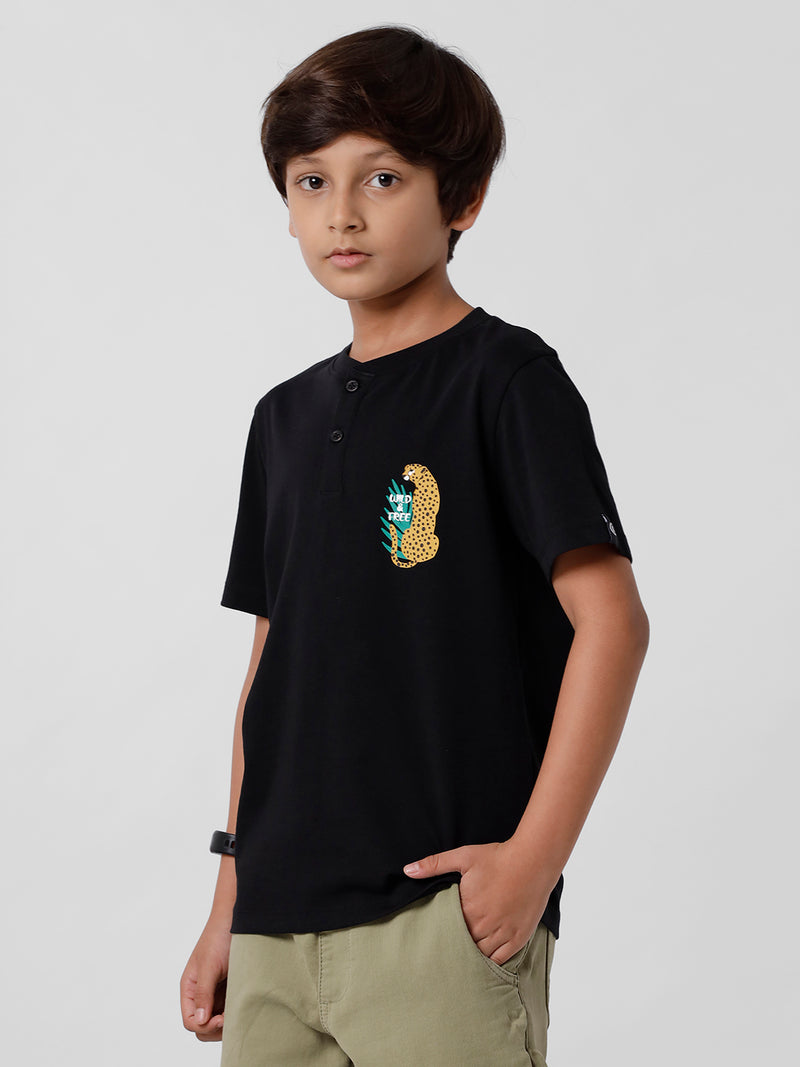 Kids - Boys Printed Half Sleeve T-Shirt Black