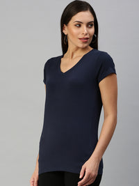 De Moza Womens Half Sleeve Knit Top Solid Cotton Dark Navy Blue - De Moza