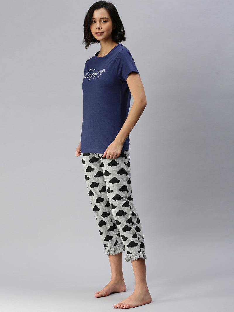 De Moza Ladies Printed Pyjama Set Grey Melange