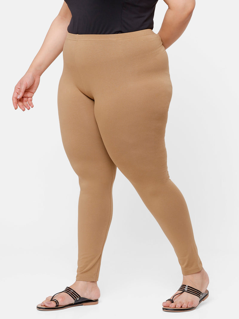 De Moza Ladies Plus Ankle Length Leggings Solid Cotton Golden Beige - De Moza