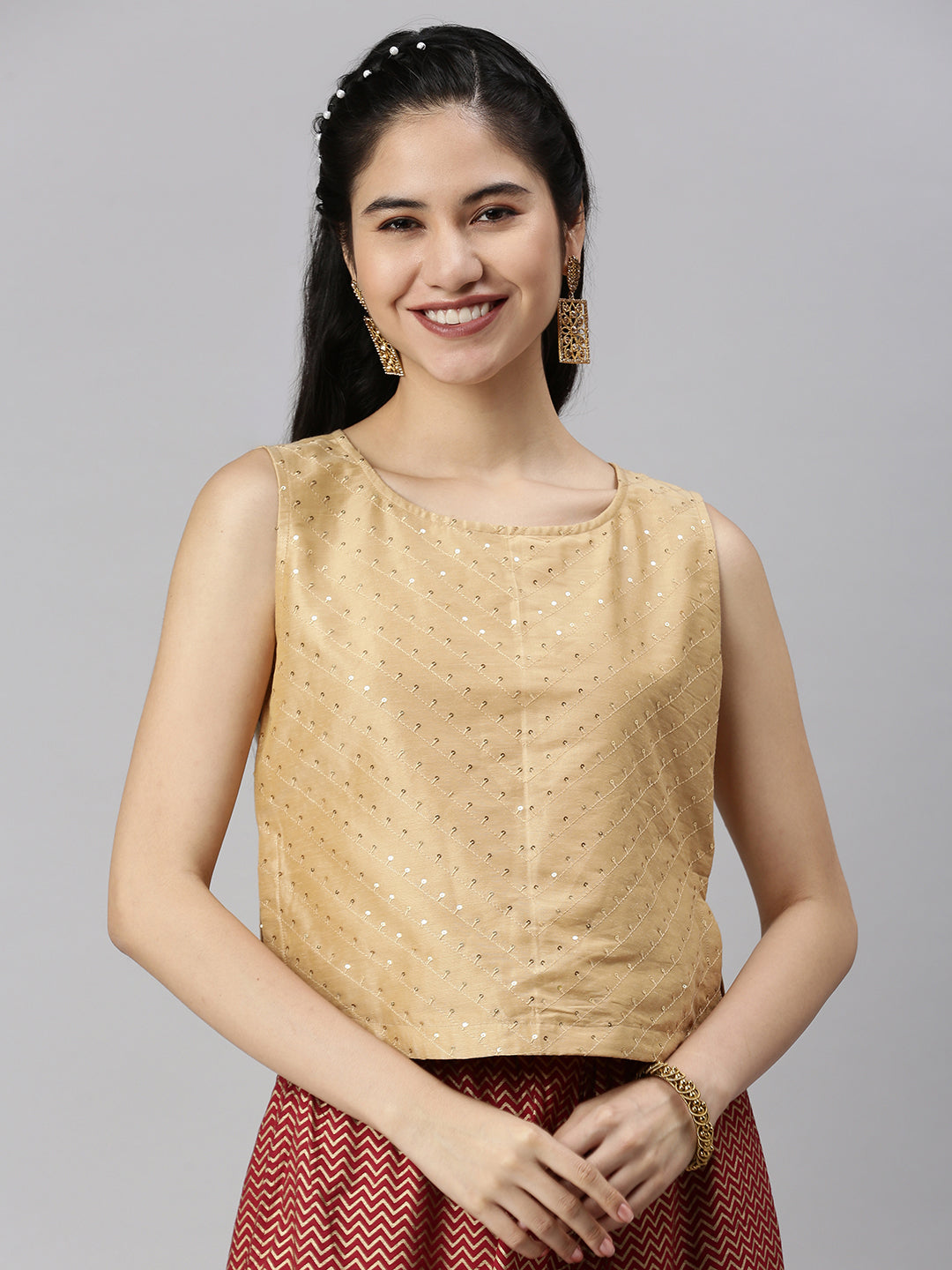 De Moza Womens Sleeveless Crop Top Embroidery Viscose Gold - De Moza