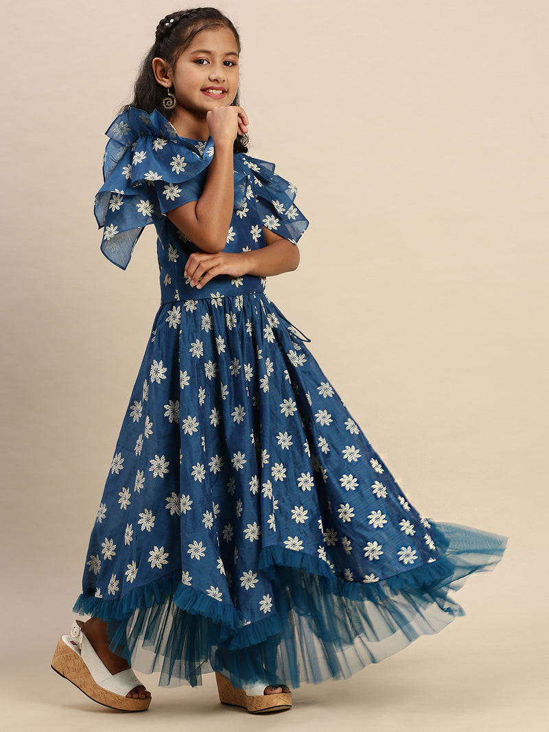 Pipin Girls Printed Lehanga Set Dark Blue